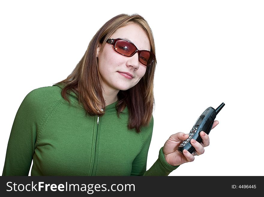 Hip lady with glasses and a cordless phone. Hip lady with glasses and a cordless phone