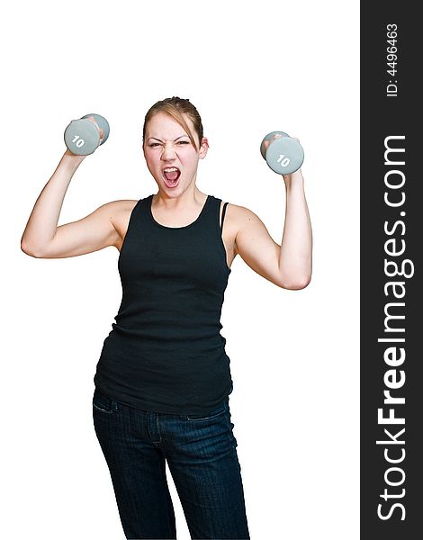 Woman holding two 10 pound weights. Woman holding two 10 pound weights