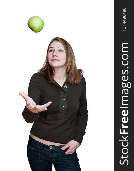 Woman about to enjoy a bright green apple. Woman about to enjoy a bright green apple