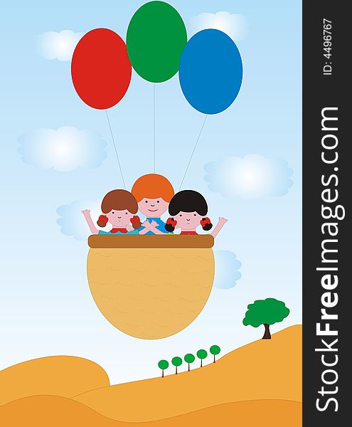 Children Flies With Balloons