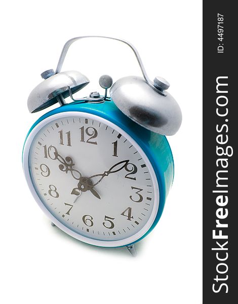 Cyan alarm clock on a white background