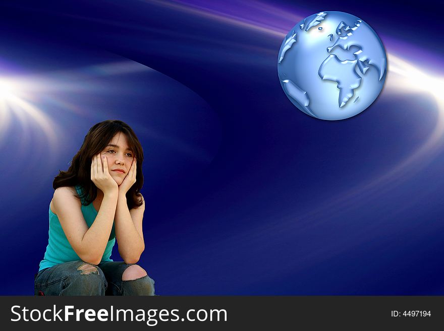 Teen girl on abstract background with earth. Teen girl on abstract background with earth