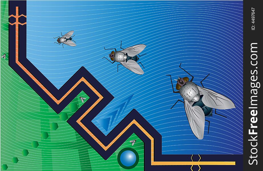 The  illustration is all named and on layers for easy selection. There is a blue bottle fly on a green blue background with a button in the lower third of an abstract bacground. The  illustration is all named and on layers for easy selection. There is a blue bottle fly on a green blue background with a button in the lower third of an abstract bacground