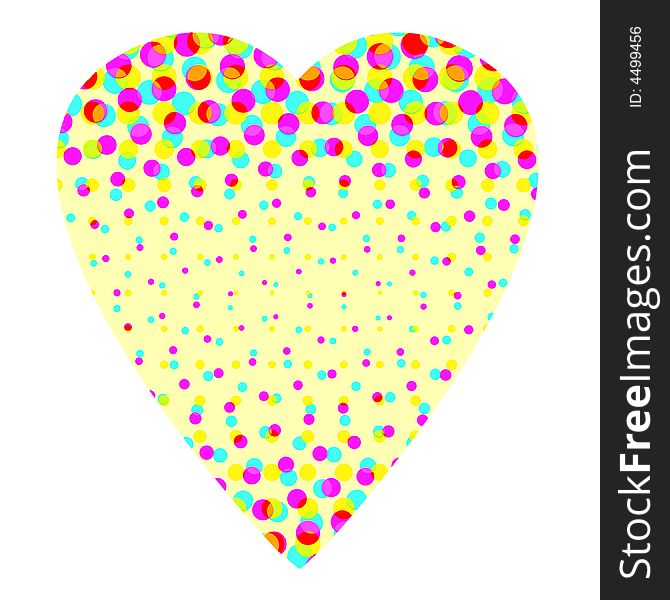 Design of a yellow heart made of multicolor halftone dots of different sizes and isolated on a white background. Design of a yellow heart made of multicolor halftone dots of different sizes and isolated on a white background.