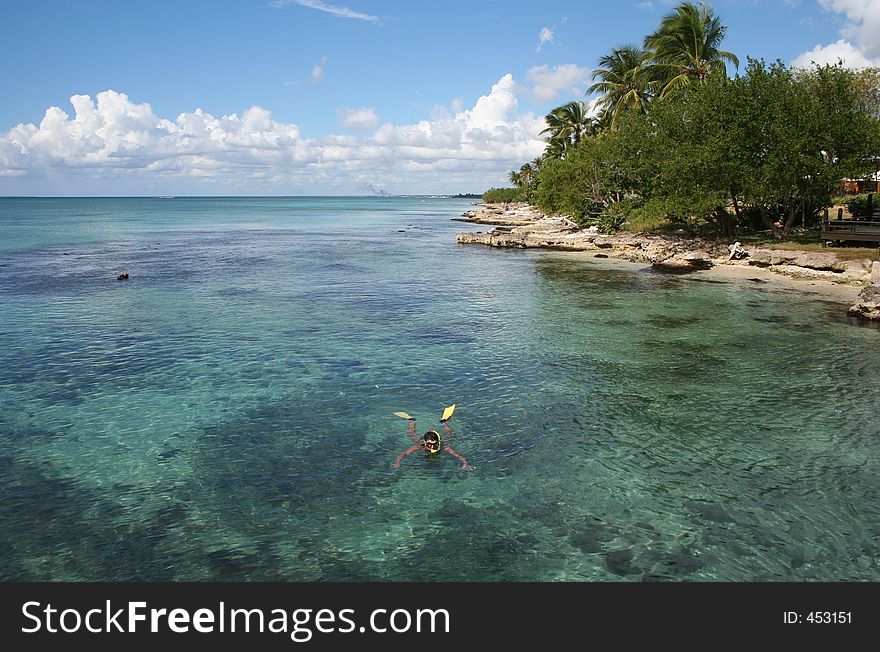 A person snorkeling in the Caribbean Sea