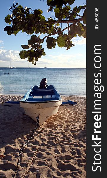 A motor boat on a beach