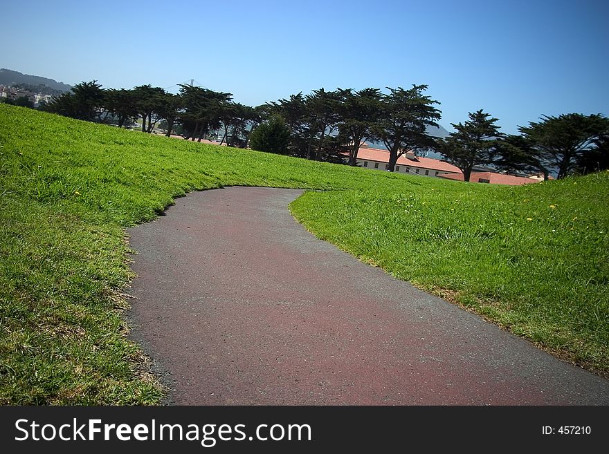 A lone path through a green field of grass. A lone path through a green field of grass.