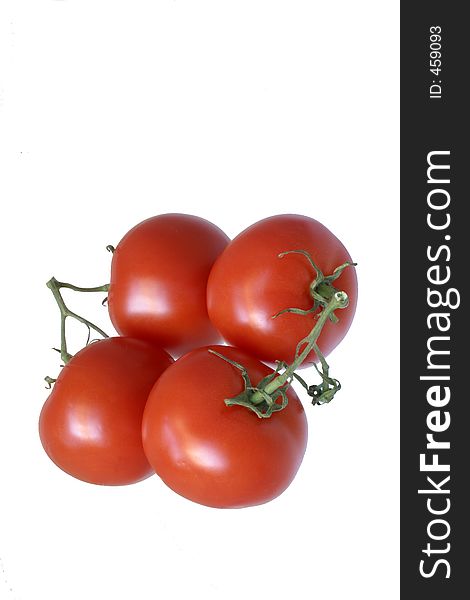 Delicious red ripe isolated vine tomatoes. Delicious red ripe isolated vine tomatoes.