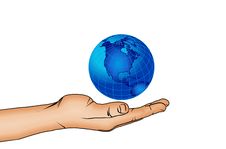 Hand And Blue World Globe Stock Photography