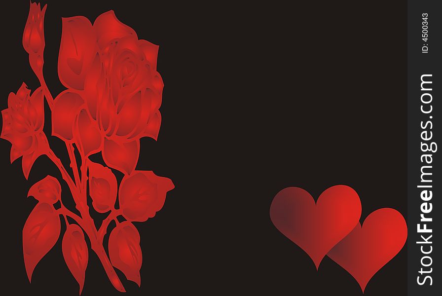 Red rose and hearts on black background