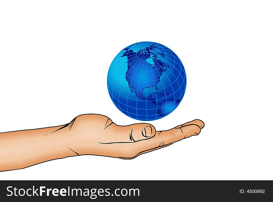 Hand and blue world globe