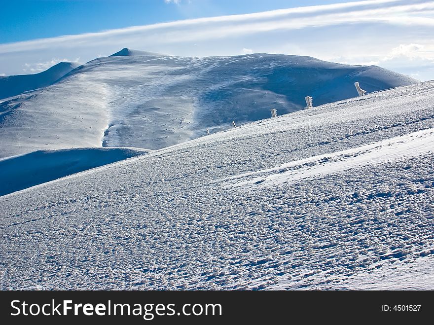 Snow and ice covered terrain in mountains