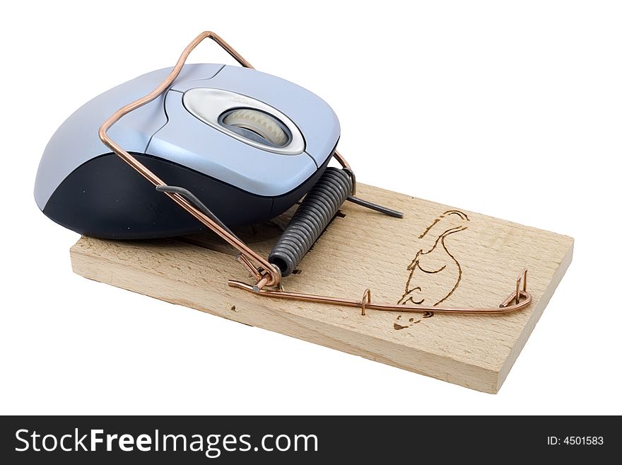 A computer mouse caught in a mousetrap. A computer mouse caught in a mousetrap