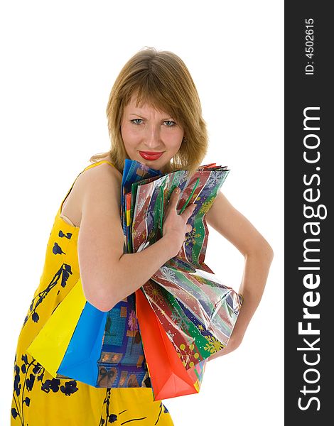 Expressive woman on white background shopping. Expressive woman on white background shopping