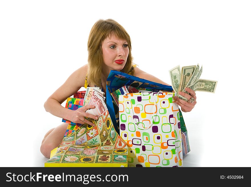 Expressive woman  on white background  shopping. Expressive woman  on white background  shopping