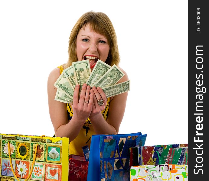 Expressive woman  on white background  shopping. Expressive woman  on white background  shopping