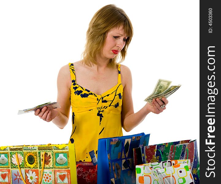 Expressive woman  on white background  shopping. Expressive woman  on white background  shopping