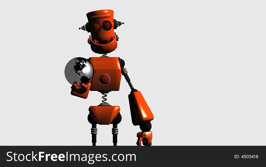 Robot holding a chrome globe. Robot holding a chrome globe