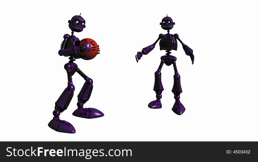 2 purple robots playing with globe. 2 purple robots playing with globe
