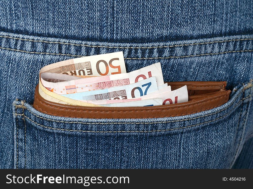 Euroo banknotes in a wallet. Euroo banknotes in a wallet