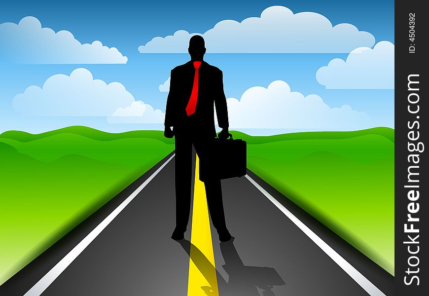 An illustration featuring a businessman standing on a long road at daytime. An illustration featuring a businessman standing on a long road at daytime