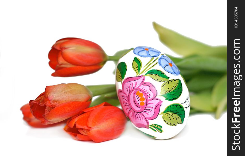 Tulips and decorated easter egg. Tulips and decorated easter egg
