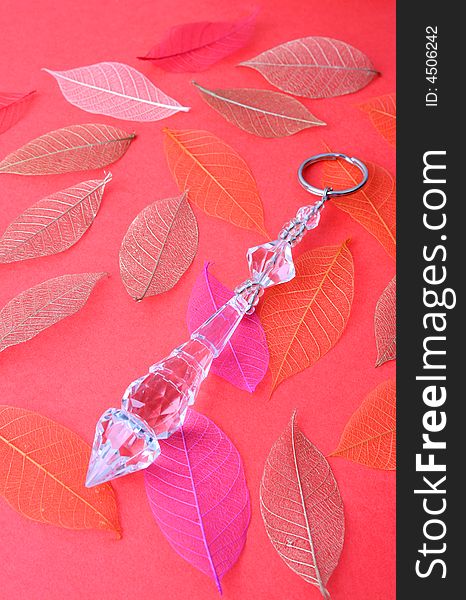 Crystal keyring on a red, leafy background