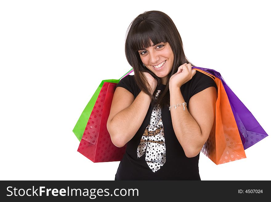 Young woman with a few shopping bags - over a white background