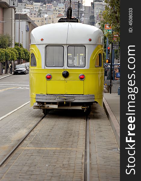 Old fashioned electric trolley car in San Francisco near Fisherman's Wharf.