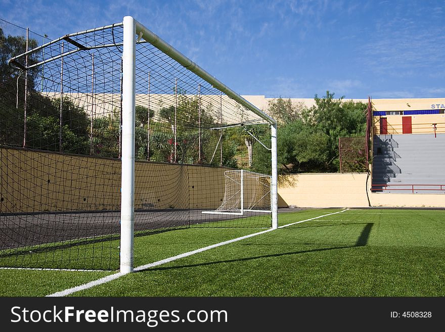 Soccer or football stadium on a sunny day