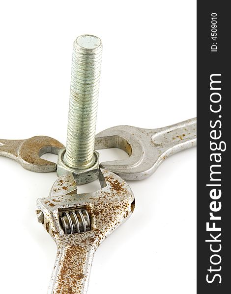 and rusty wrench on white background. Isolated object. and rusty wrench on white background. Isolated object.