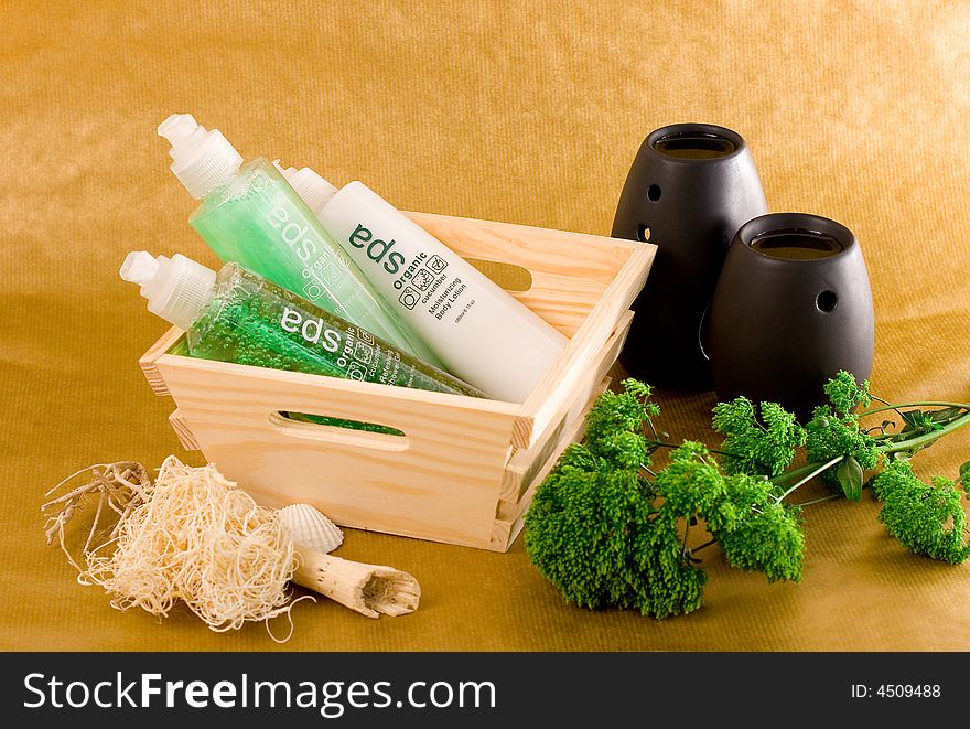 Wooden basket with personal care items, scented oil burners and an ornamental plant.