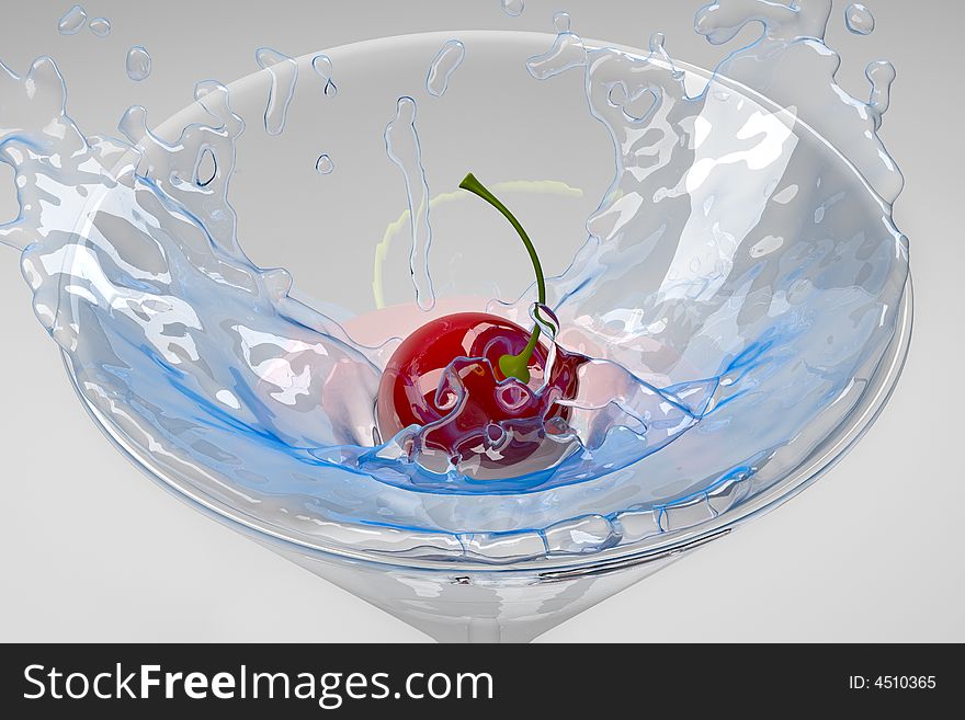 Close-up color illustration of an cherry splashing down into a cocktail glass. Classic food\drinking concept on white background. Close-up color illustration of an cherry splashing down into a cocktail glass. Classic food\drinking concept on white background