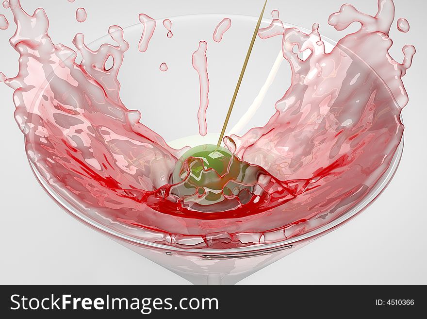 Close-up color illustration of an olive splashing down into a cocktail glass. Classic food\drinking concept on white background. Close-up color illustration of an olive splashing down into a cocktail glass. Classic food\drinking concept on white background