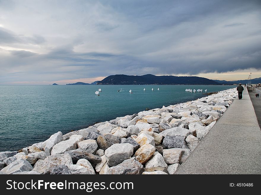 Sailing school on the Tyrrhian Sea at Marina di Cararra, Italy.