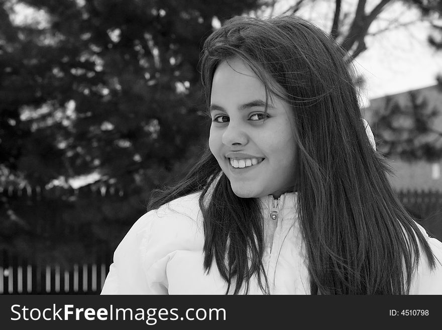 Portrait of pretty girl.......close up, outdoors in winter, black and white. Portrait of pretty girl.......close up, outdoors in winter, black and white