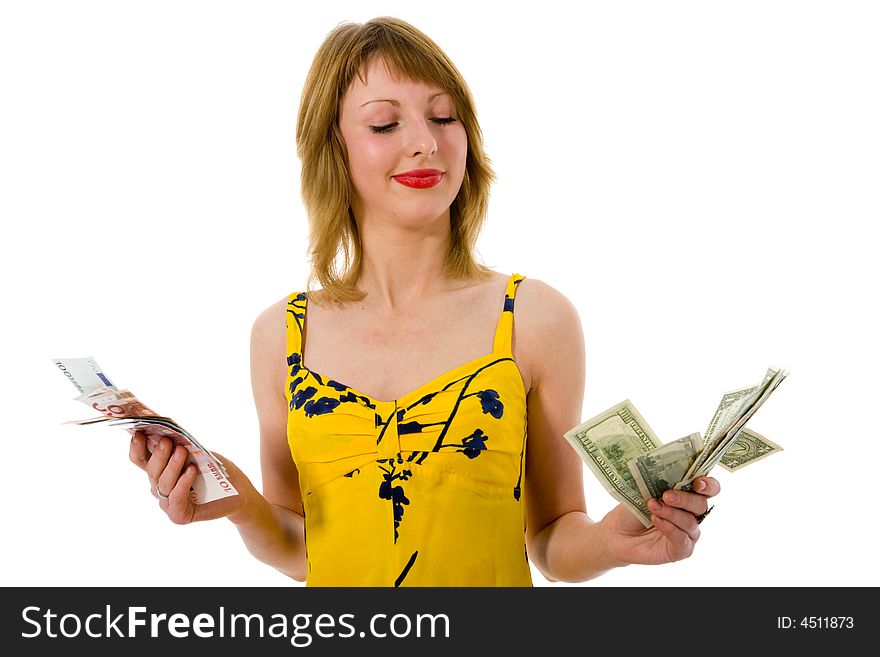 Expressive woman  on white background  shopping. Expressive woman  on white background  shopping