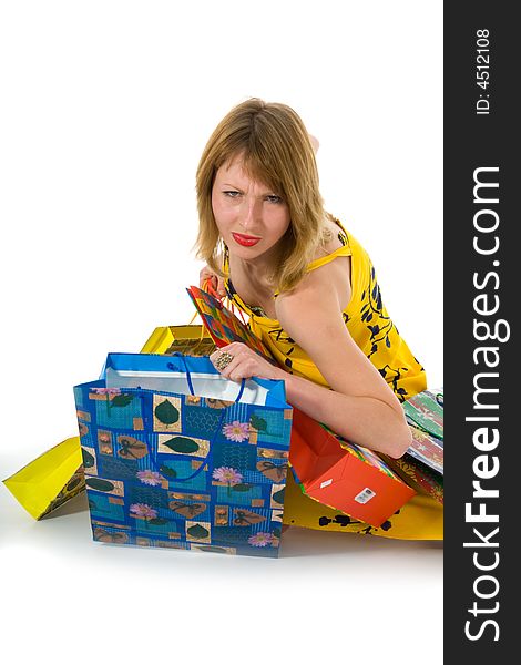 Expressive woman  on white background  shopping. Expressive woman  on white background  shopping