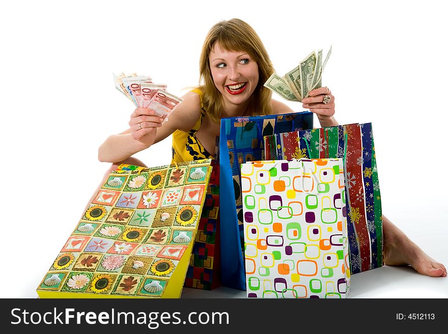 Expressive woman  on white background  shopping. Expressive woman  on white background  shopping