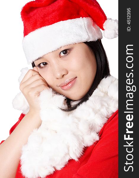 Beautiful asian Santa Claus girl smiling isolated on white. Beautiful asian Santa Claus girl smiling isolated on white