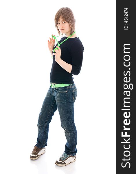 The young beautiful girl with a beads isolated on a white background