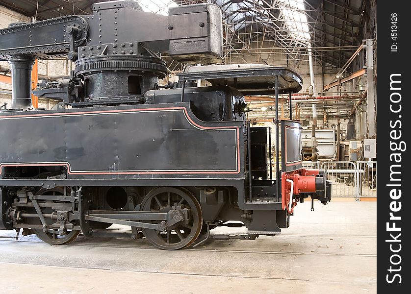 A rail engine in a workshop