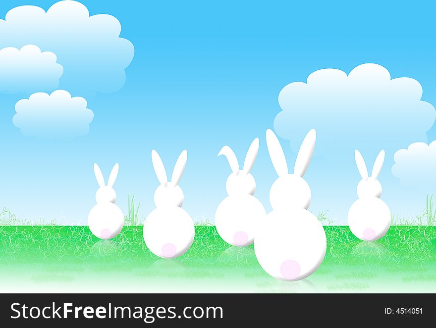 Some white easter bunnies in a blue background. Some white easter bunnies in a blue background