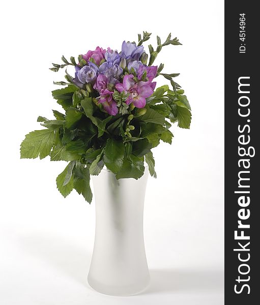 Colored flowers and leaf in vase