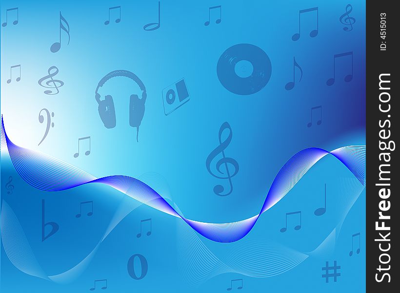 Blue and white background with swirls showing musical notes
