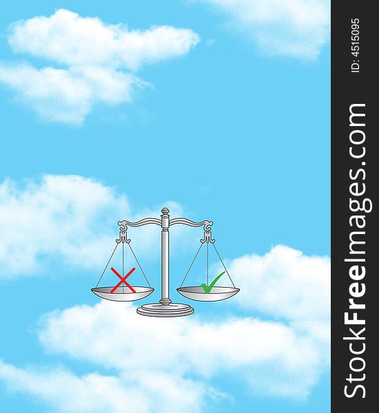 Blue sky with white clouds with a Scale of Justice with a Yai or Nay symbol