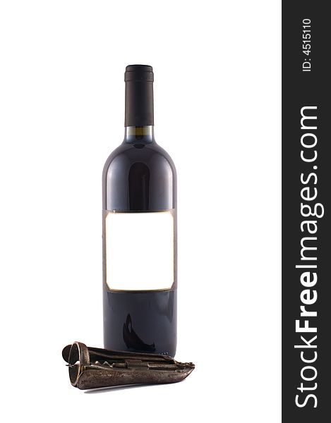 Wine bottle and corkscrew isolated on white