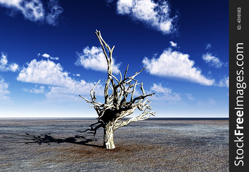 An image of a dead tree within a barren wilderness landscape. An image of a dead tree within a barren wilderness landscape.