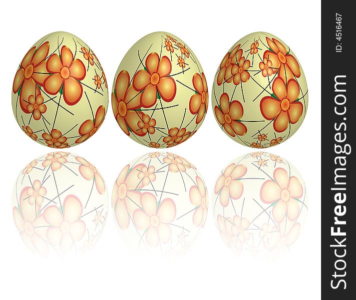 Digital creation of three floating easter eggs  with reflections, decorated with floral motifs.