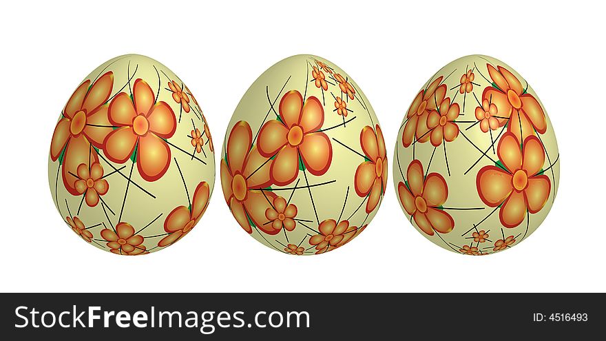 Digital creation of three easter eggs decorated with floral motifs.